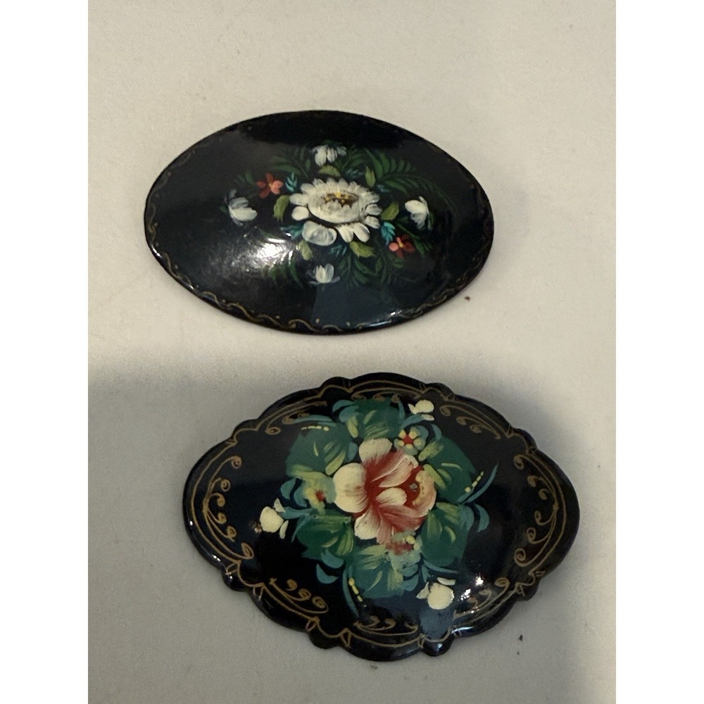 vintage Pair Of Rose Painted Black Russian Floral Brooch Pin Signed 1991 & 2002